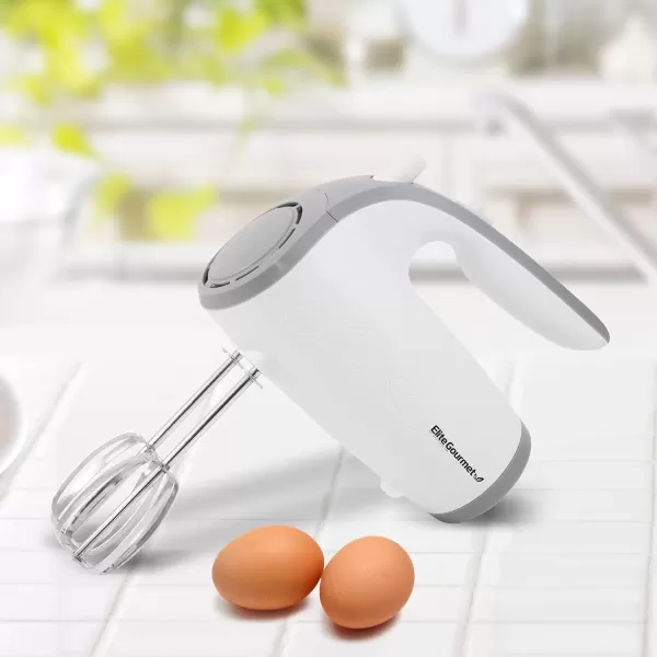 imageElite Gourmet EHM003X Ultra Power Electric 5Speed Kitchen Hand Mixer with 2 Extra Wide Stainless Steel Smooth Creamy Whipped Mixtures Plus Convenient Beater Storage White