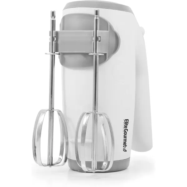 imageElite Gourmet EHM003X Ultra Power Electric 5Speed Kitchen Hand Mixer with 2 Extra Wide Stainless Steel Smooth Creamy Whipped Mixtures Plus Convenient Beater Storage White