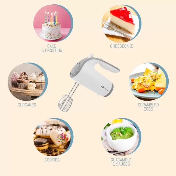 imageElite Gourmet EHM003X Ultra Power Electric 5Speed Kitchen Hand Mixer with 2 Extra Wide Stainless Steel Smooth Creamy Whipped Mixtures Plus Convenient Beater Storage White