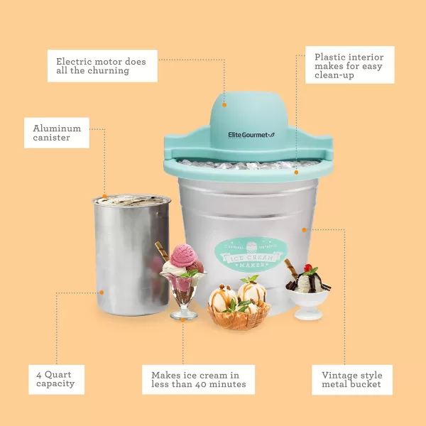 imageElite Gourmet EIM308L 4 Qt Electric Motorized Maker Ice ampamp Rock Salt 4Qt Freezing Canister Creamy Ice Cream Gelato Frozen Yogurt or Sorbet Recipe Booklet 4 Quart MintSilver
