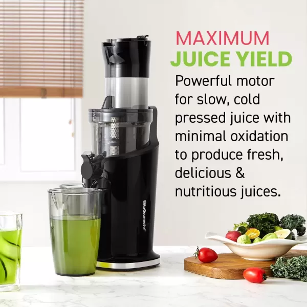 imageElite Gourmet EJX017 Whole Fruit 3 Feeding Chute Dynamic Masticating Slow Juicer High Yield Cold Press Juice Extractor Nutrient and Vitamin Dense Easy to Clean 27 oz Juice Cup BlackBlack