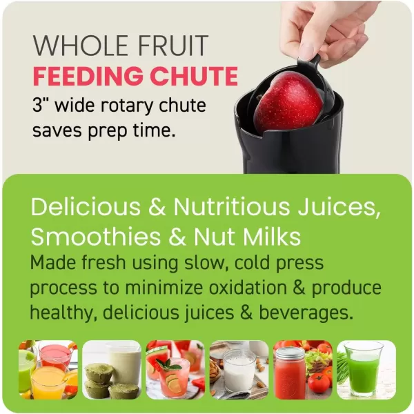 imageElite Gourmet EJX017 Whole Fruit 3 Feeding Chute Dynamic Masticating Slow Juicer High Yield Cold Press Juice Extractor Nutrient and Vitamin Dense Easy to Clean 27 oz Juice Cup BlackBlack