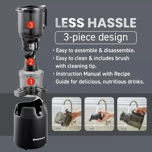 imageElite Gourmet EJX017 Whole Fruit 3 Feeding Chute Dynamic Masticating Slow Juicer High Yield Cold Press Juice Extractor Nutrient and Vitamin Dense Easy to Clean 27 oz Juice Cup BlackGraphite