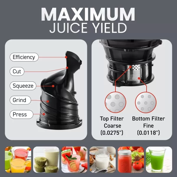 imageElite Gourmet EJX017 Whole Fruit 3 Feeding Chute Dynamic Masticating Slow Juicer High Yield Cold Press Juice Extractor Nutrient and Vitamin Dense Easy to Clean 27 oz Juice Cup BlackGraphite