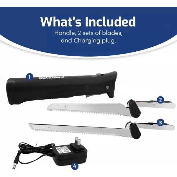 imageElite Gourmet EK9810 Professional Cordless Rechargeable EasySlice Electric Knife with 4 Serrated Blades and Safety Lock Trigger Release Carving Meats Poultry Bread Black