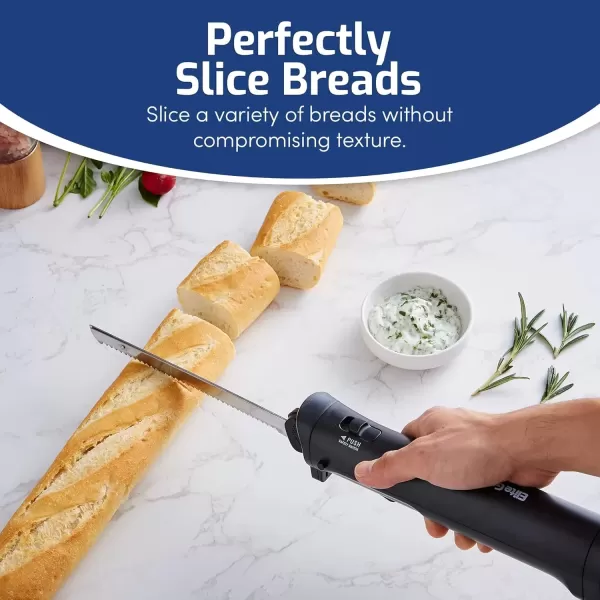 imageElite Gourmet EK9810 Professional Cordless Rechargeable EasySlice Electric Knife with 4 Serrated Blades and Safety Lock Trigger Release Carving Meats Poultry Bread Black