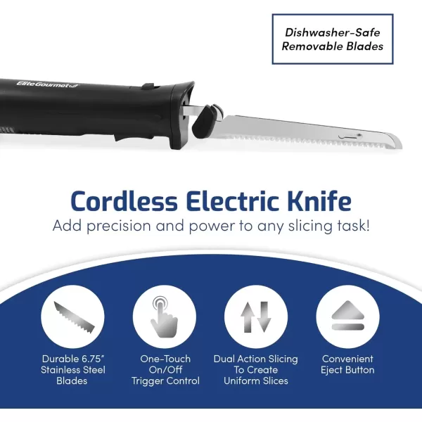 imageElite Gourmet EK9810 Professional Cordless Rechargeable EasySlice Electric Knife with 4 Serrated Blades and Safety Lock Trigger Release Carving Meats Poultry Bread Black