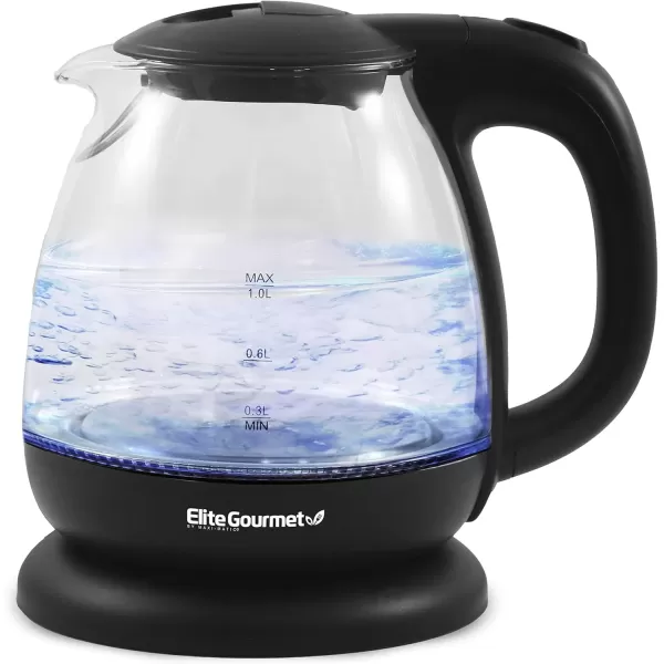 imageElite Gourmet EKT1001 Electric 10L BPAFree 1100W Glass Kettle Cordless 360 Base Stylish Blue LED Interior Handy Auto ShutOff Function  Quickly Boil Water For Tea ampamp More BlackGlass