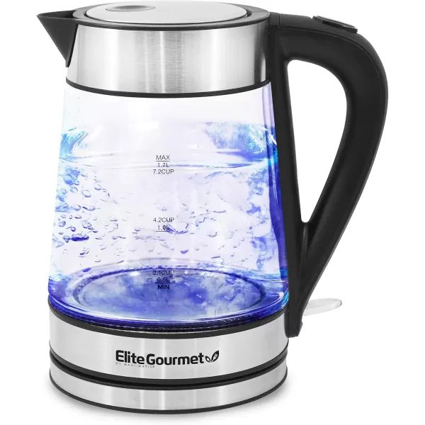 imageElite Gourmet EKT1001 Electric 10L BPAFree 1100W Glass Kettle Cordless 360 Base Stylish Blue LED Interior Handy Auto ShutOff Function  Quickly Boil Water For Tea ampamp More BlackStainless Steel