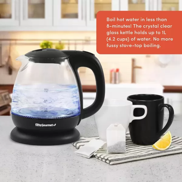 imageElite Gourmet EKT1001 Electric 10L BPAFree 1100W Glass Kettle Cordless 360 Base Stylish Blue LED Interior Handy Auto ShutOff Function  Quickly Boil Water For Tea ampamp More BlackGlass