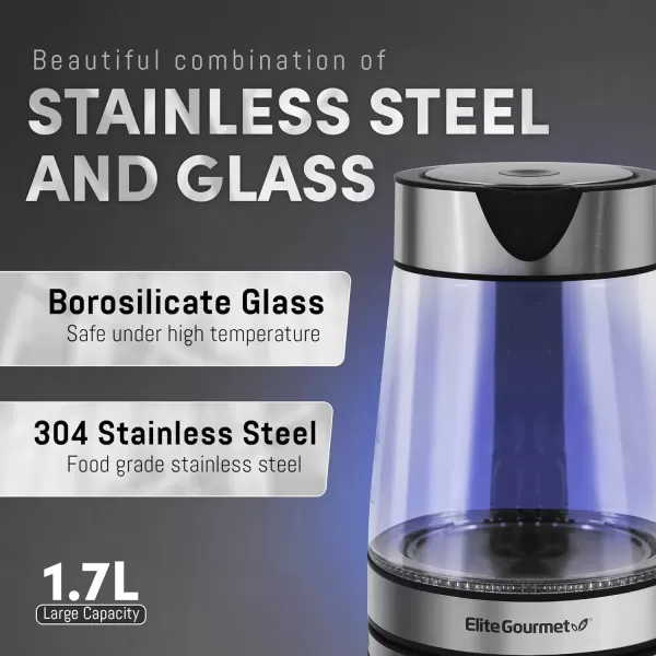 imageElite Gourmet EKT1001 Electric 10L BPAFree 1100W Glass Kettle Cordless 360 Base Stylish Blue LED Interior Handy Auto ShutOff Function  Quickly Boil Water For Tea ampamp More BlackStainless Steel