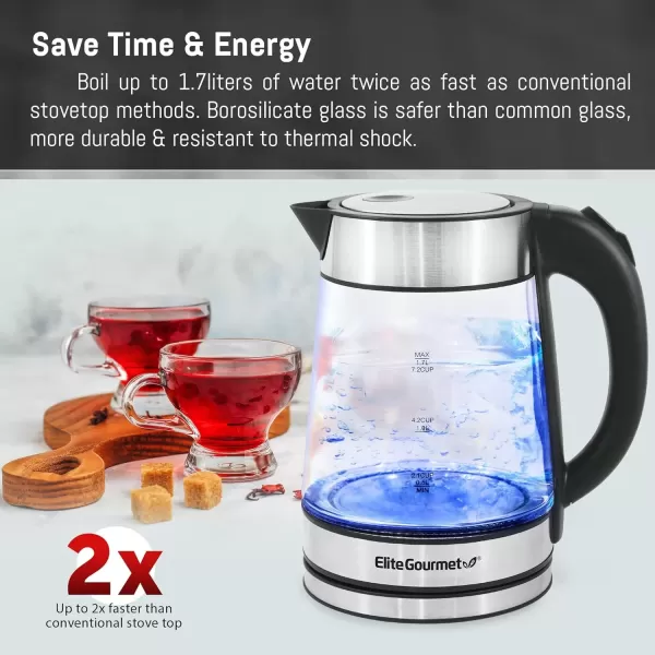 imageElite Gourmet EKT1001 Electric 10L BPAFree 1100W Glass Kettle Cordless 360 Base Stylish Blue LED Interior Handy Auto ShutOff Function  Quickly Boil Water For Tea ampamp More BlackStainless Steel