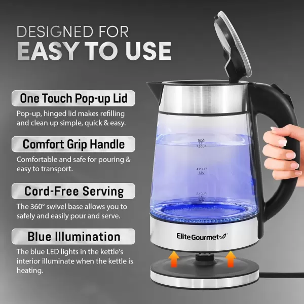 imageElite Gourmet EKT1001 Electric 10L BPAFree 1100W Glass Kettle Cordless 360 Base Stylish Blue LED Interior Handy Auto ShutOff Function  Quickly Boil Water For Tea ampamp More BlackStainless Steel