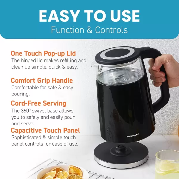 imageElite Gourmet EKT1203W 1350W Double Wall Insulated Cool Touch Electric Water Tea Kettle BPA Free Stainless Steel Interior and Auto ShutOffBlack