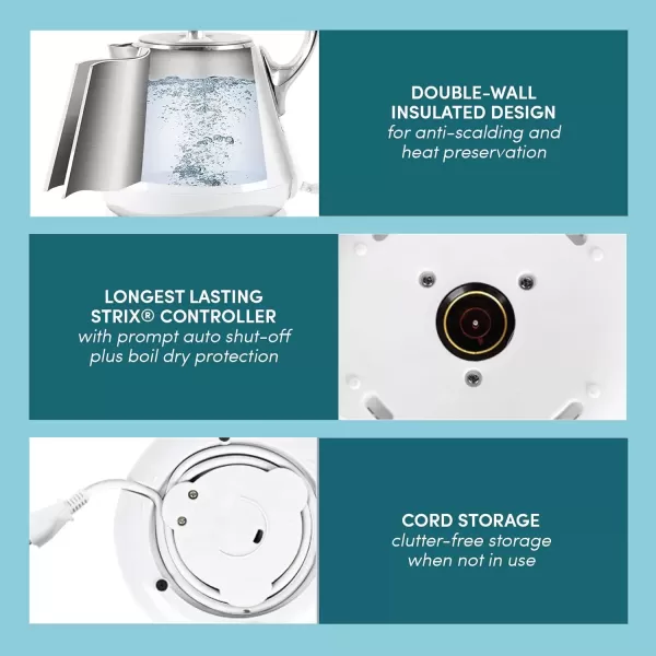 imageElite Gourmet EKT1203W 1350W Double Wall Insulated Cool Touch Electric Water Tea Kettle BPA Free Stainless Steel Interior and Auto ShutOffIvory