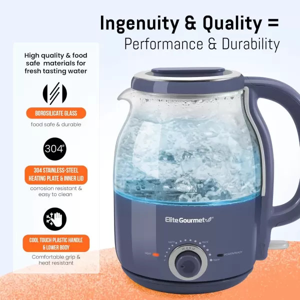 imageElite Gourmet EKT1220M 12L Electric BPAFree 1200W Glass Kettle Temperature Dial Keep Warm Function Cordless 360 Base Blue LED Interior Auto ShutOff Function  Quick Boil MintSlate Blue