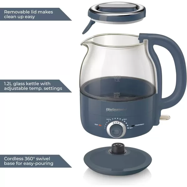 imageElite Gourmet EKT1220M 12L Electric BPAFree 1200W Glass Kettle Temperature Dial Keep Warm Function Cordless 360 Base Blue LED Interior Auto ShutOff Function  Quick Boil MintSlate Blue