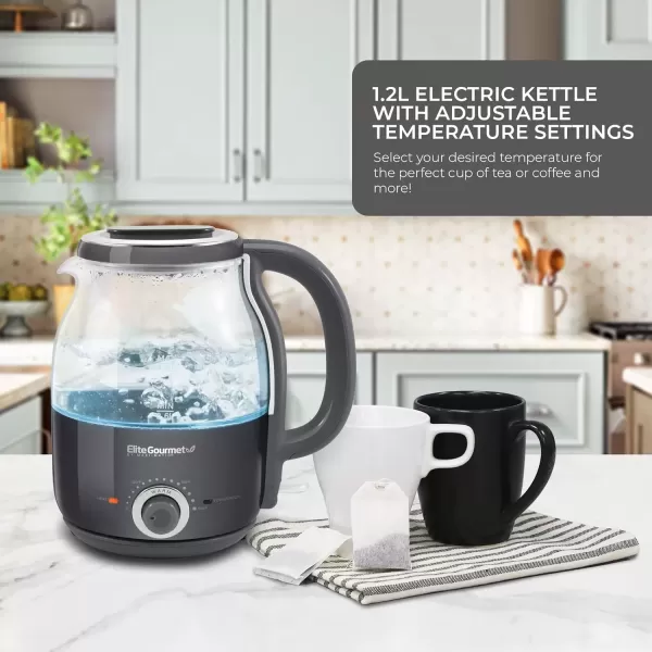 imageElite Gourmet EKT1220M 12L Electric BPAFree 1200W Glass Kettle Temperature Dial Keep Warm Function Cordless 360 Base Blue LED Interior Auto ShutOff Function  Quick Boil MintDark Gray