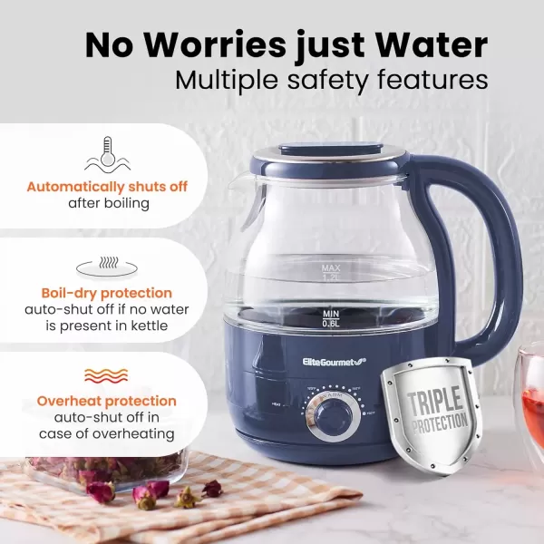imageElite Gourmet EKT1220M 12L Electric BPAFree 1200W Glass Kettle Temperature Dial Keep Warm Function Cordless 360 Base Blue LED Interior Auto ShutOff Function  Quick Boil MintSlate Blue