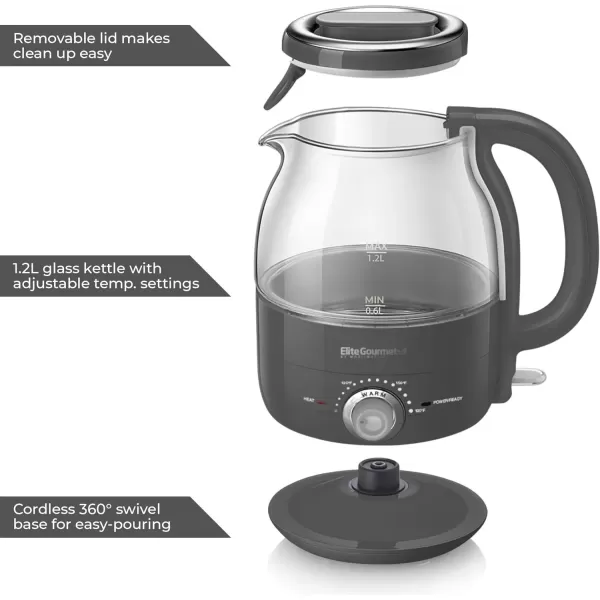 imageElite Gourmet EKT1220M 12L Electric BPAFree 1200W Glass Kettle Temperature Dial Keep Warm Function Cordless 360 Base Blue LED Interior Auto ShutOff Function  Quick Boil MintDark Gray