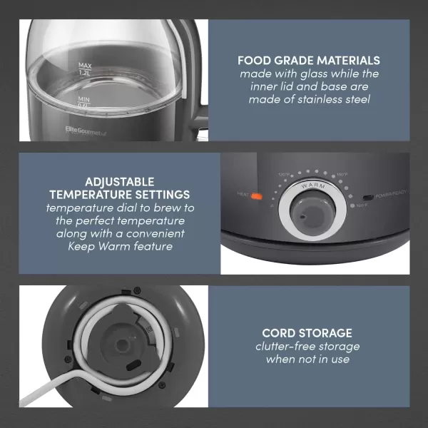 imageElite Gourmet EKT1220M 12L Electric BPAFree 1200W Glass Kettle Temperature Dial Keep Warm Function Cordless 360 Base Blue LED Interior Auto ShutOff Function  Quick Boil MintDark Gray