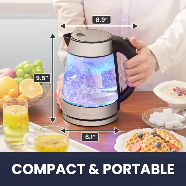 imageElite Gourmet EKT1271 Ultimate 17 Liter Electric Kettle  Stainless Steel Design ampamp Cordless 360 Base Stylish Blue LED Interior Handy Auto ShutOff Function  Quickly Boil Water For Tea ampamp MoreStainless SteelGlass
