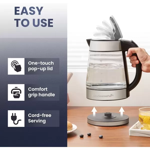 imageElite Gourmet EKT1271 Ultimate 17 Liter Electric Kettle  Stainless Steel Design ampamp Cordless 360 Base Stylish Blue LED Interior Handy Auto ShutOff Function  Quickly Boil Water For Tea ampamp MoreStainless SteelGlass
