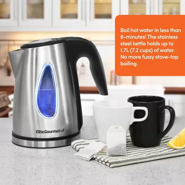 imageElite Gourmet EKT1271 Ultimate 17 Liter Electric Kettle  Stainless Steel Design ampamp Cordless 360 Base Stylish Blue LED Interior Handy Auto ShutOff Function  Quickly Boil Water For Tea ampamp MoreStainless Steel