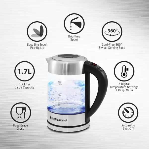 imageElite Gourmet EKT1271 Ultimate 17 Liter Electric Kettle  Stainless Steel Design ampamp Cordless 360 Base Stylish Blue LED Interior Handy Auto ShutOff Function  Quickly Boil Water For Tea ampamp MoreGlass