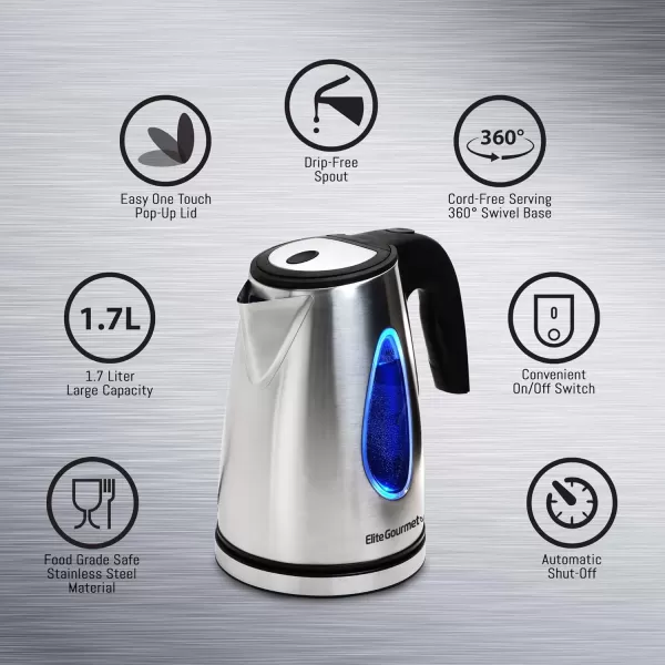 imageElite Gourmet EKT1271 Ultimate 17 Liter Electric Kettle  Stainless Steel Design ampamp Cordless 360 Base Stylish Blue LED Interior Handy Auto ShutOff Function  Quickly Boil Water For Tea ampamp MoreStainless Steel