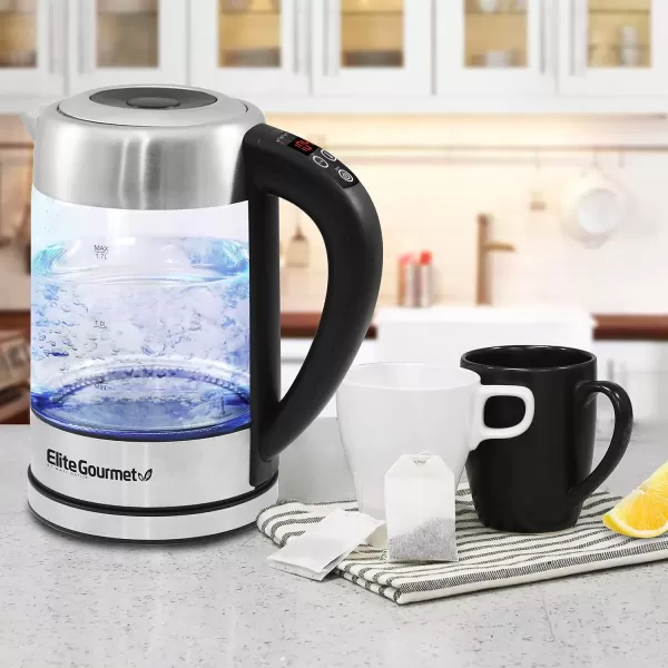 imageElite Gourmet EKT1271 Ultimate 17 Liter Electric Kettle  Stainless Steel Design ampamp Cordless 360 Base Stylish Blue LED Interior Handy Auto ShutOff Function  Quickly Boil Water For Tea ampamp MoreGlass