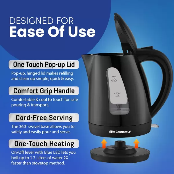 imageElite Gourmet EKT1271 Ultimate 17 Liter Electric Kettle  Stainless Steel Design ampamp Cordless 360 Base Stylish Blue LED Interior Handy Auto ShutOff Function  Quickly Boil Water For Tea ampamp MoreBlack