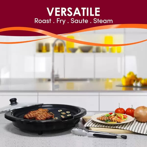 imageElite Gourmet EMG980B Smokeless Electric Tabletop Grill Nonstick 6Serving Dishwasher Safe Removable Grilling Plate Grill Indoor Tempered Glass Lid Adjustable Temperature 14quot Black14
