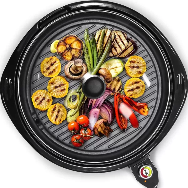 imageElite Gourmet EMG980B Smokeless Electric Tabletop Grill Nonstick 6Serving Dishwasher Safe Removable Grilling Plate Grill Indoor Tempered Glass Lid Adjustable Temperature 14quot Black14