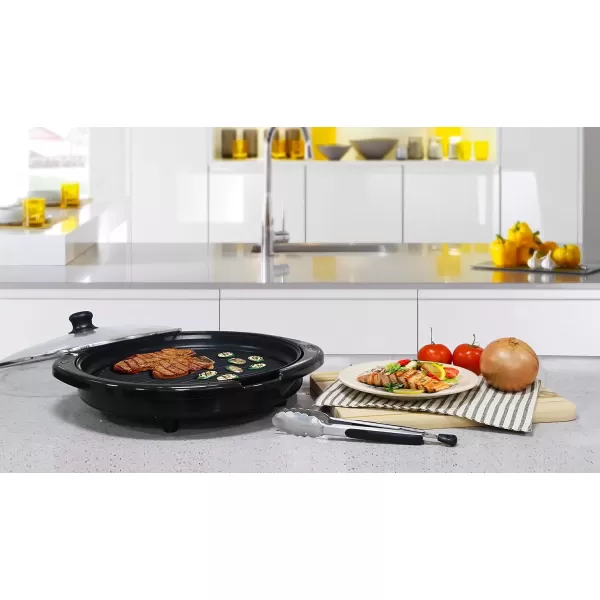 imageElite Gourmet EMG980B Smokeless Electric Tabletop Grill Nonstick 6Serving Dishwasher Safe Removable Grilling Plate Grill Indoor Tempered Glass Lid Adjustable Temperature 14quot Black14