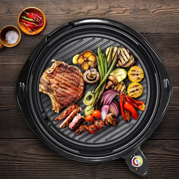 imageElite Gourmet EMG980BSC Large Indoor Electric Round Nonstick Grill Cool Touch Fast Heat Up Ideal LowFat Meals Easy to Clean Design Dishwasher Safe Includes Glass Lid 14quot Round B Black14 Round B
