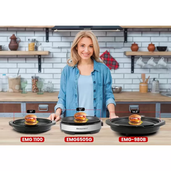 imageElite Gourmet EMG980BSC Large Indoor Electric Round Nonstick Grill Cool Touch Fast Heat Up Ideal LowFat Meals Easy to Clean Design Dishwasher Safe Includes Glass Lid 14quot Round B Black12