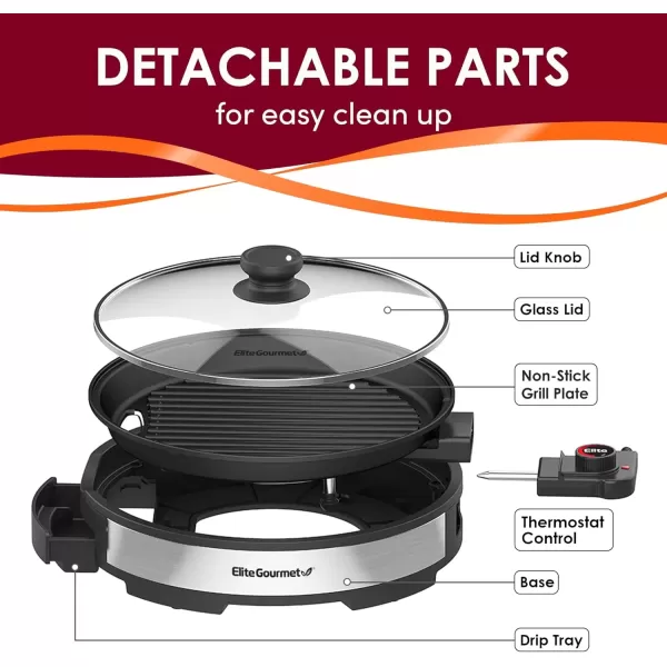 imageElite Gourmet EMG980BSC Large Indoor Electric Round Nonstick Grill Cool Touch Fast Heat Up Ideal LowFat Meals Easy to Clean Design Dishwasher Safe Includes Glass Lid 14quot Round B Black12