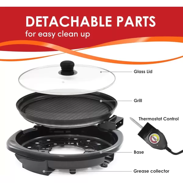 imageElite Gourmet EMG980BSC Large Indoor Electric Round Nonstick Grill Cool Touch Fast Heat Up Ideal LowFat Meals Easy to Clean Design Dishwasher Safe Includes Glass Lid 14quot Round B Black14 Round B