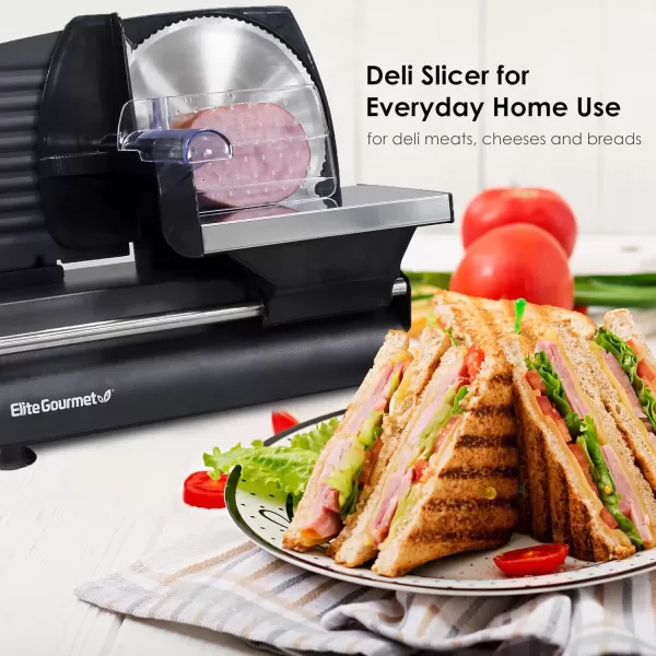 imageElite Gourmet EMT625B Ultimate Precision Electric Deli Food Meat Slicer Removable Stainless Steel Blade Adjustable Thickness Ideal for Cold Cuts Hard Cheese Vegetables ampamp Bread 75 BlackStainless Steel  Black