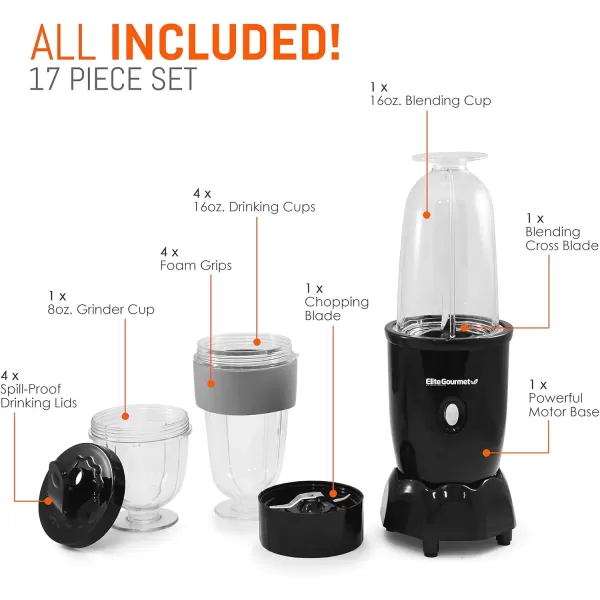 imageElite Gourmet EPB1800A 17Piece Personal Drink Mixer Blender Sports Blender 16 Oz capacity Includes Chopping and Blending Blade Drink Lids and Extra CupsNew Version
