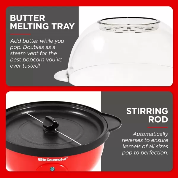 imageElite Gourmet EPM330R Automatic Stirring 12cup Popcorn Maker Popper Hot Oil Popcorn Machine wMeasuring Cap ampamp Builtin Reversible Serving Bowl Great for Home Party Kids Safety ETL Approved RedRed