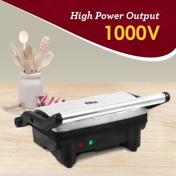 imageElite Gourmet EPN2976 2in1 Nonstick Panini Press ampamp Indoor Grill Opens 180Degree Gourmet Sandwich Maker Floating Hinge Fits All Foods Contact Grill with Removable Grease TrayStainless Steel