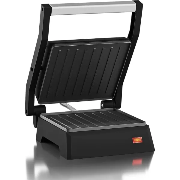imageElite Gourmet EPN2976 2in1 Nonstick Panini Press ampamp Indoor Grill Opens 180Degree Gourmet Sandwich Maker Floating Hinge Fits All Foods Contact Grill with Removable Grease Tray Stainless Steel55 x 53