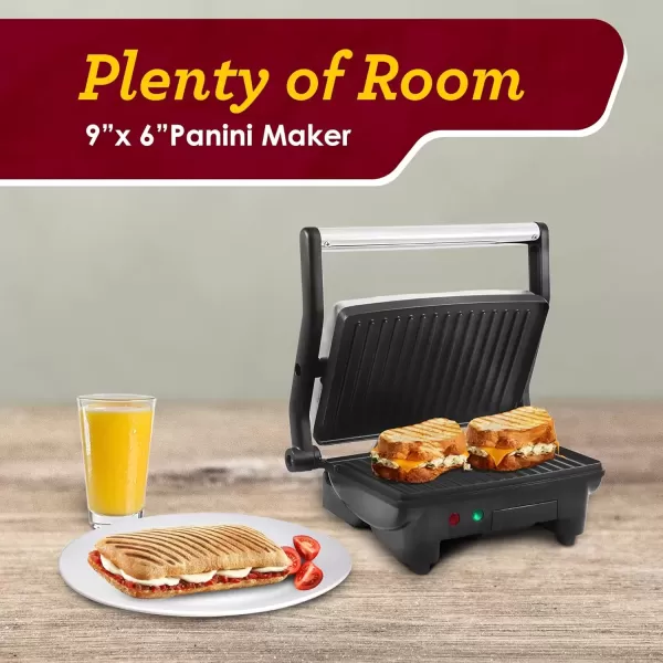 imageElite Gourmet EPN2976 2in1 Nonstick Panini Press ampamp Indoor Grill Opens 180Degree Gourmet Sandwich Maker Floating Hinge Fits All Foods Contact Grill with Removable Grease TrayStainless Steel