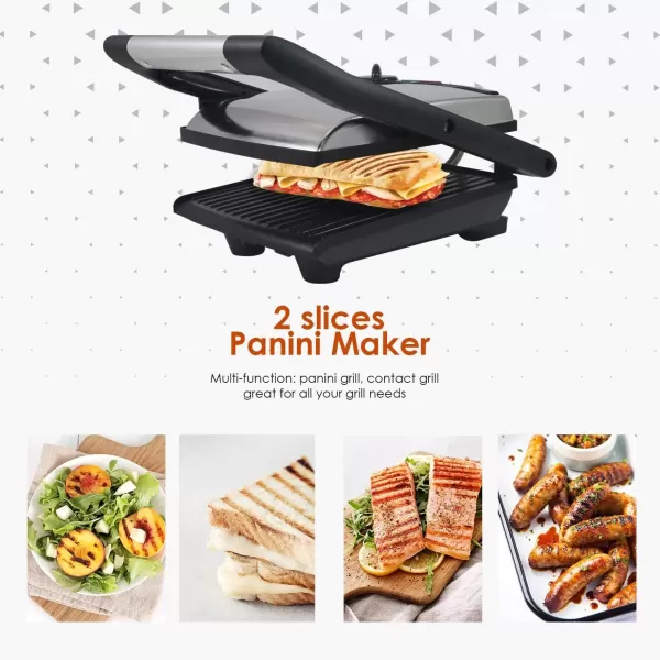 imageElite Gourmet EPN2976 2in1 Nonstick Panini Press ampamp Indoor Grill Opens 180Degree Gourmet Sandwich Maker Floating Hinge Fits All Foods Contact Grill with Removable Grease TrayStainless Steel