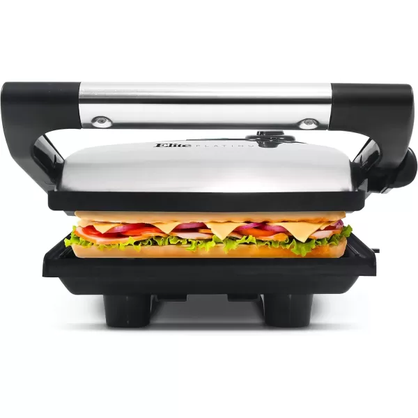 imageElite Gourmet EPN2976 2in1 Nonstick Panini Press ampamp Indoor Grill Opens 180Degree Gourmet Sandwich Maker Floating Hinge Fits All Foods Contact Grill with Removable Grease TrayStainless Steel