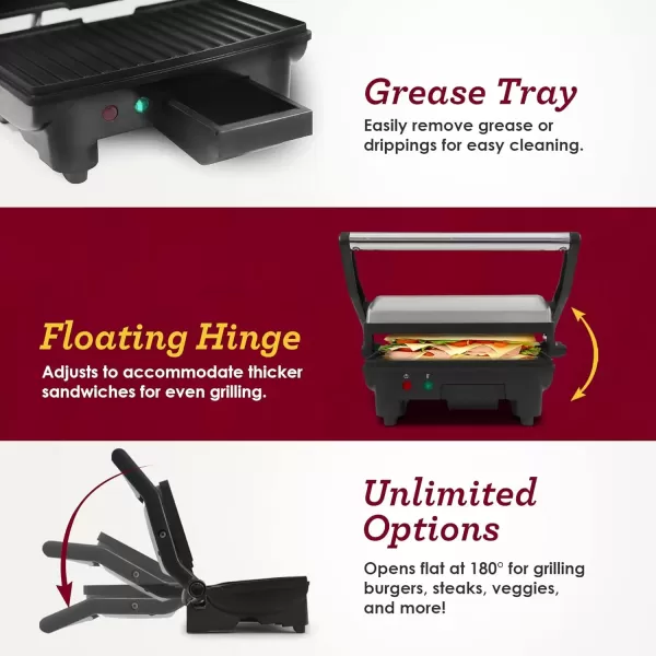 imageElite Gourmet EPN2976 2in1 Nonstick Panini Press ampamp Indoor Grill Opens 180Degree Gourmet Sandwich Maker Floating Hinge Fits All Foods Contact Grill with Removable Grease TrayStainless Steel