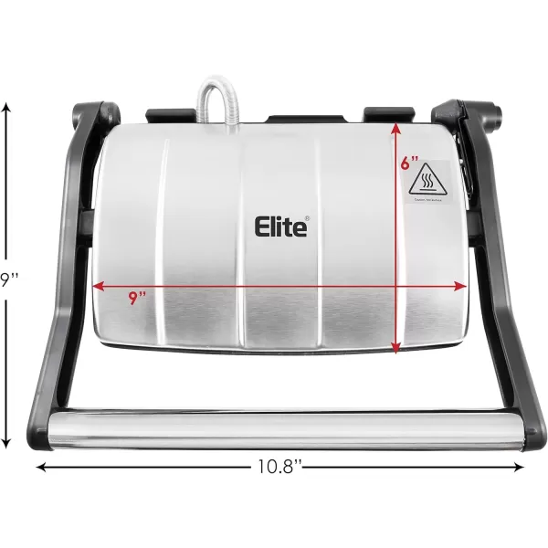 imageElite Gourmet EPN2976 2in1 Nonstick Panini Press ampamp Indoor Grill Opens 180Degree Gourmet Sandwich Maker Floating Hinge Fits All Foods Contact Grill with Removable Grease TrayStainless Steel