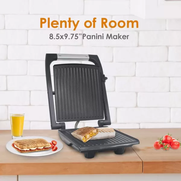 imageElite Gourmet EPN2976 2in1 Nonstick Panini Press ampamp Indoor Grill Opens 180Degree Gourmet Sandwich Maker Floating Hinge Fits All Foods Contact Grill with Removable Grease TrayStainless Steel